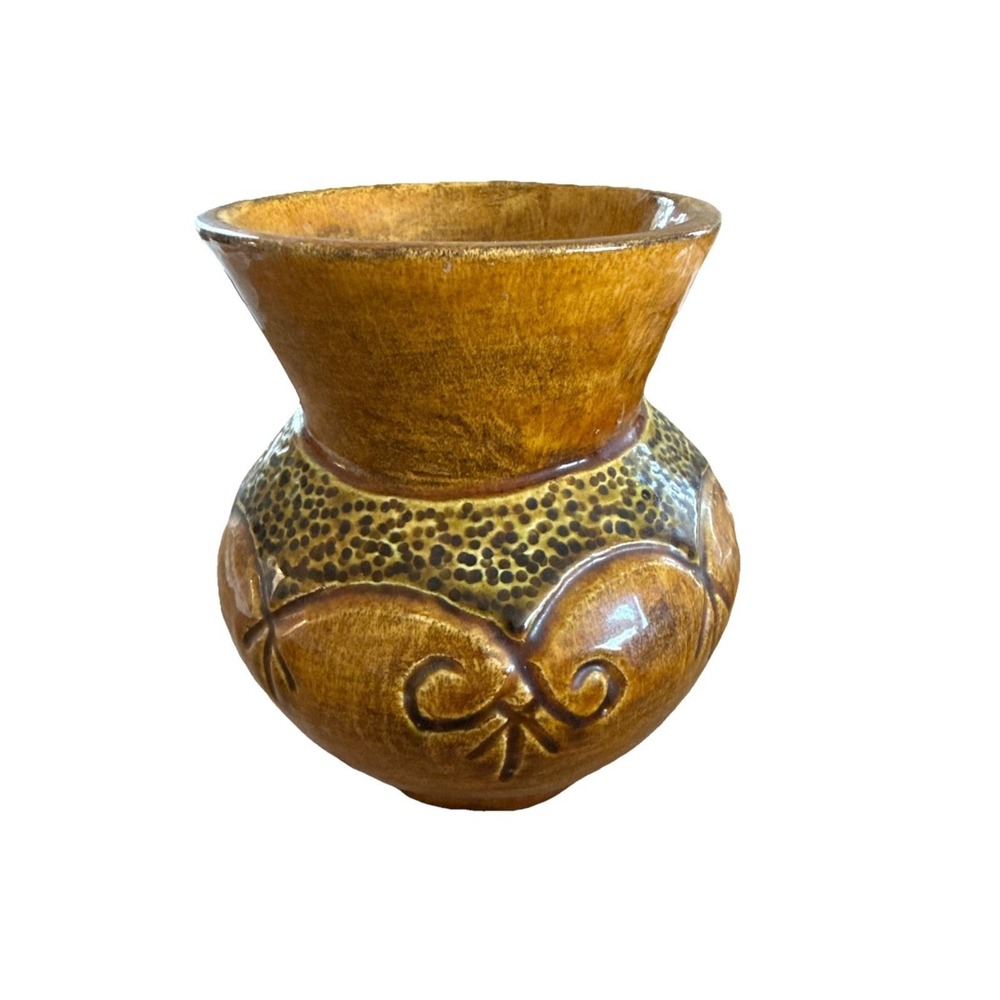 Vintage Signed 5"h Pottery Vase  Brown